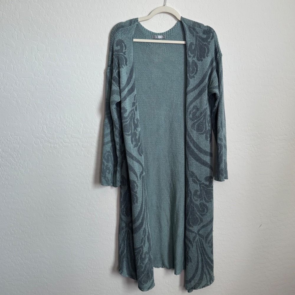 Indah‎ Womens Longline Duster Cardigan Blue Grey Damask Knit Open Front SM Boho